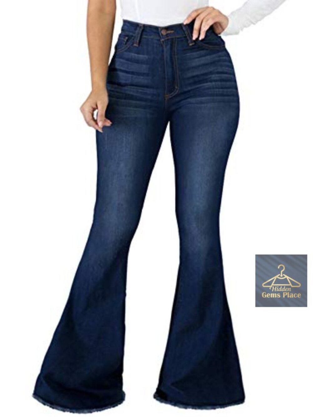 Women Bell Bottom Jeans Ripped Skinny Denim Flared Frayed Hem Elastic Waist